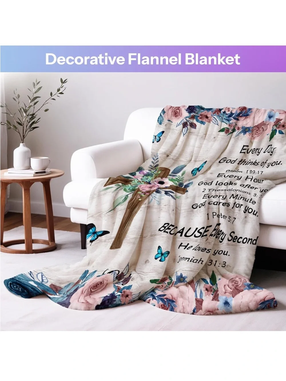 Floral Cross Inspirational Throw Blanket - Pink & Blue